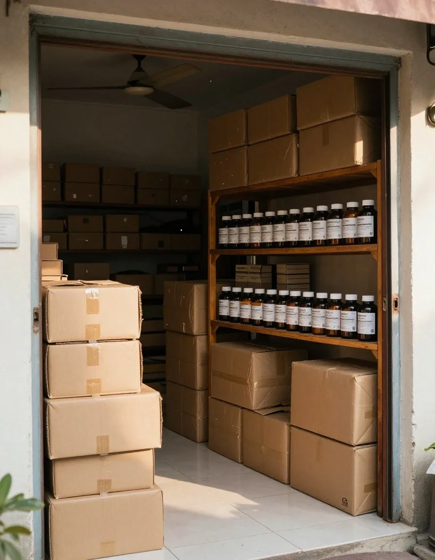 A small stockroom bench with amber and matte-white supplement bottles lined up beside stacked shipping cartons under warm afternoon side light