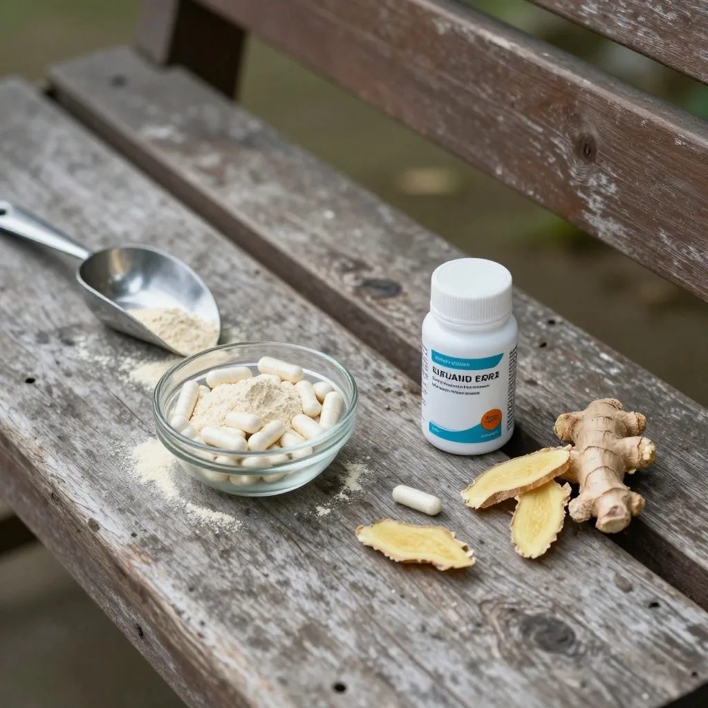 A dish of mixed vitamin and mineral capsules beside a measuring spoon of powder and dried ginger slices on a grey slab