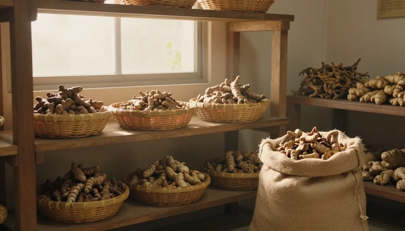 Turmeric fingers, sliced temulawak root and dried ginger arranged on a matte grey slab under warm side light, with amber supplement bottles standing at the right