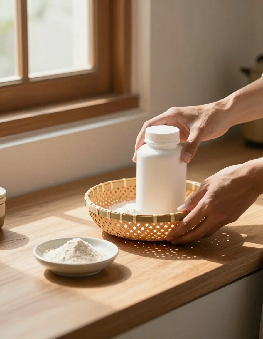 A man in his forties opening a matte supplement bottle at a wooden kitchen workbench in warm afternoon light