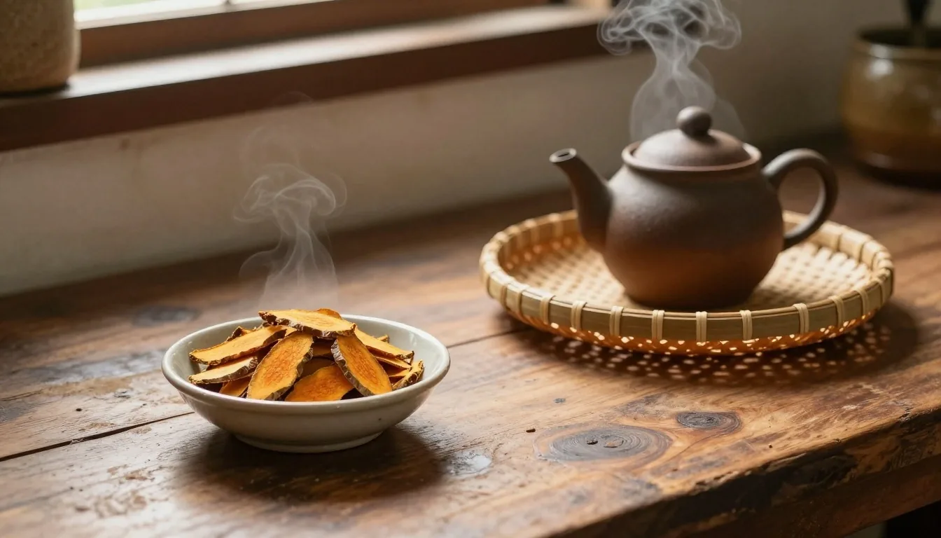 Dried Indonesian botanicals and a blank sheet of matte paper arranged on a grey slab under warm side light