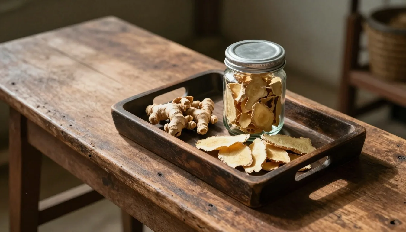 Hands turning the lid of a small glass jar beside a tray of dried ginger slices on a wooden workbench in afternoon light