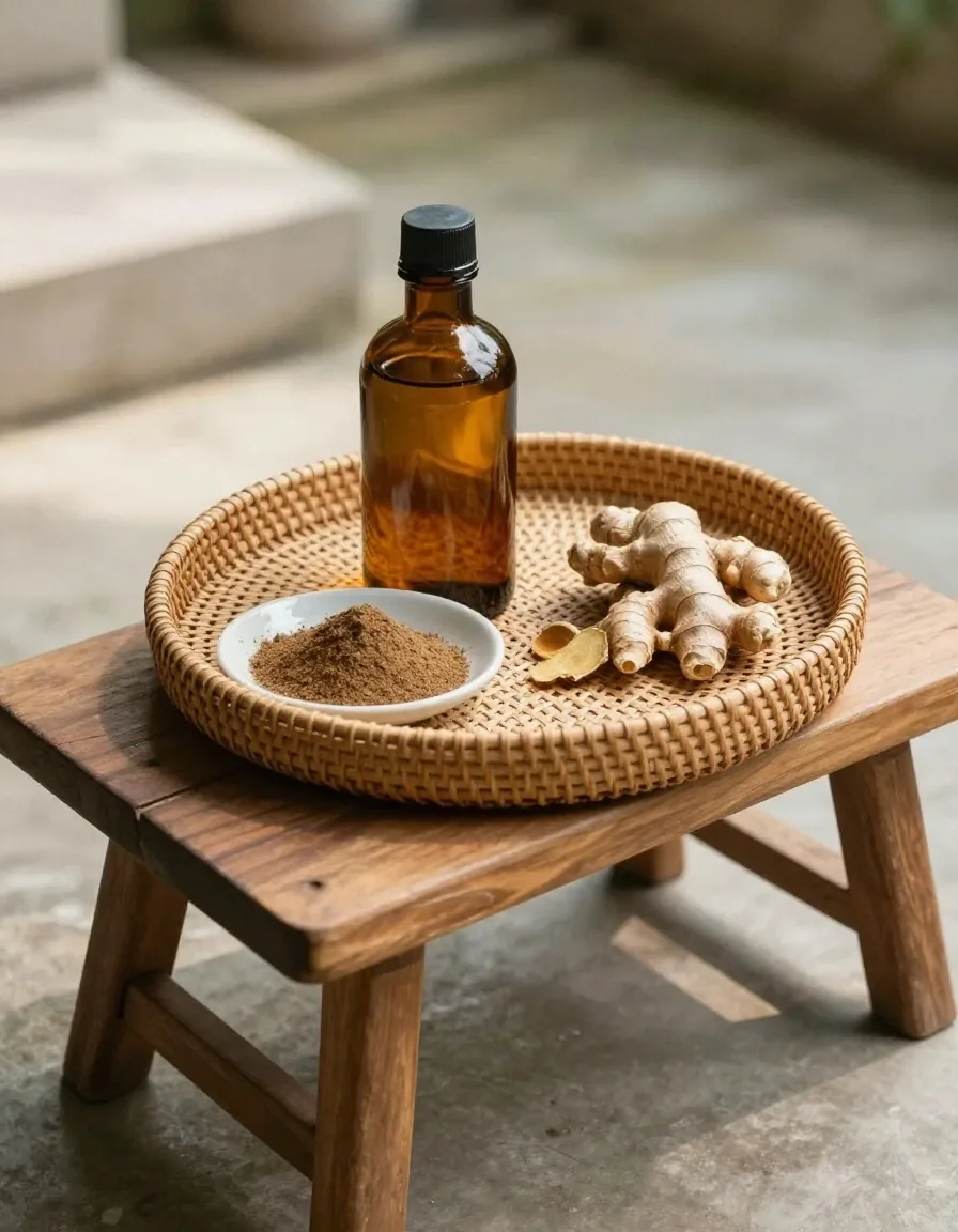 Open notebook with blank pages, a bowl of powder and a measuring spoon on a wooden workbench in warm light