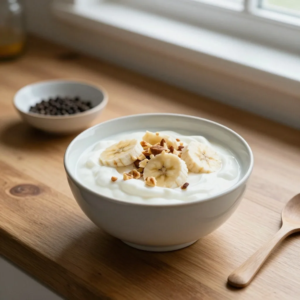 A bowl of yogurt with banana and nuts on a wooden counter, with whole black pepper and a turmeric finger at the edge of the frame