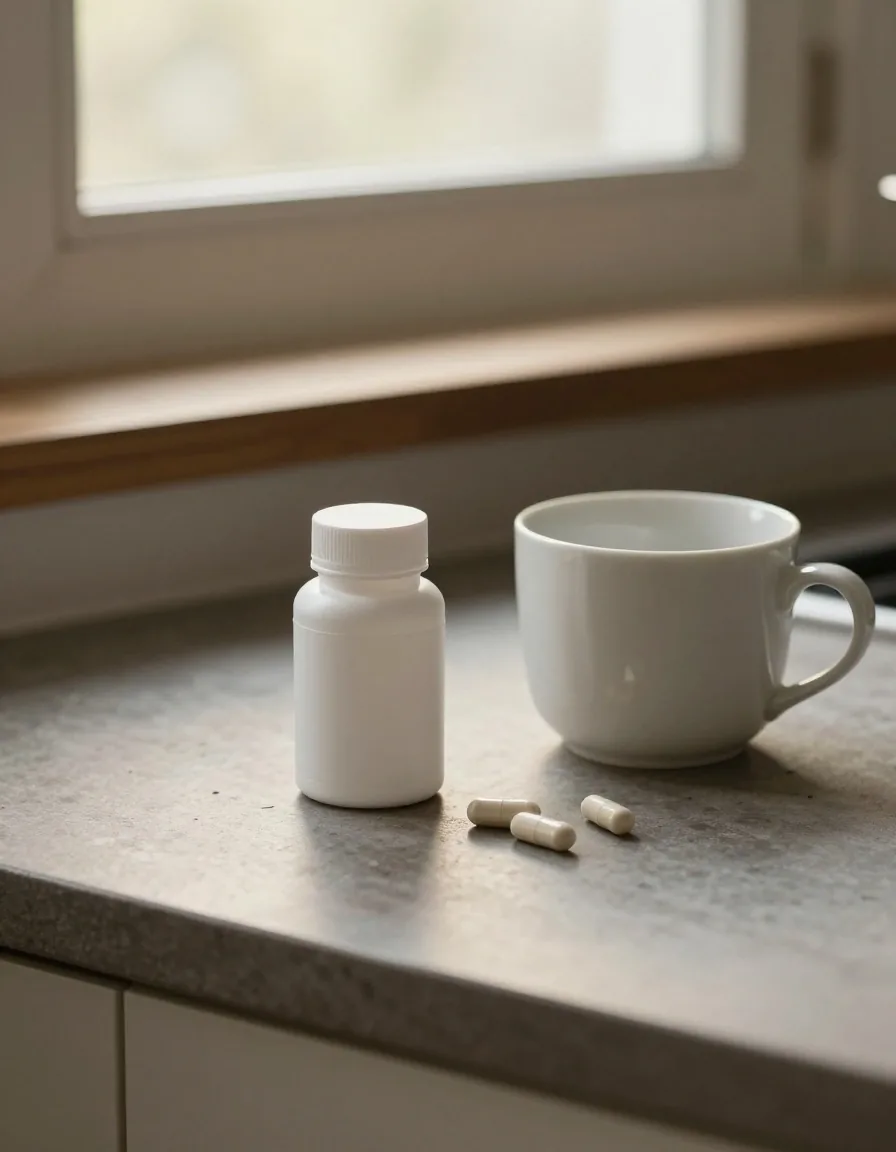 An open matte-white supplement bottle on a wooden table with spilled capsules, a plain cup, and a pencil resting on the pack
