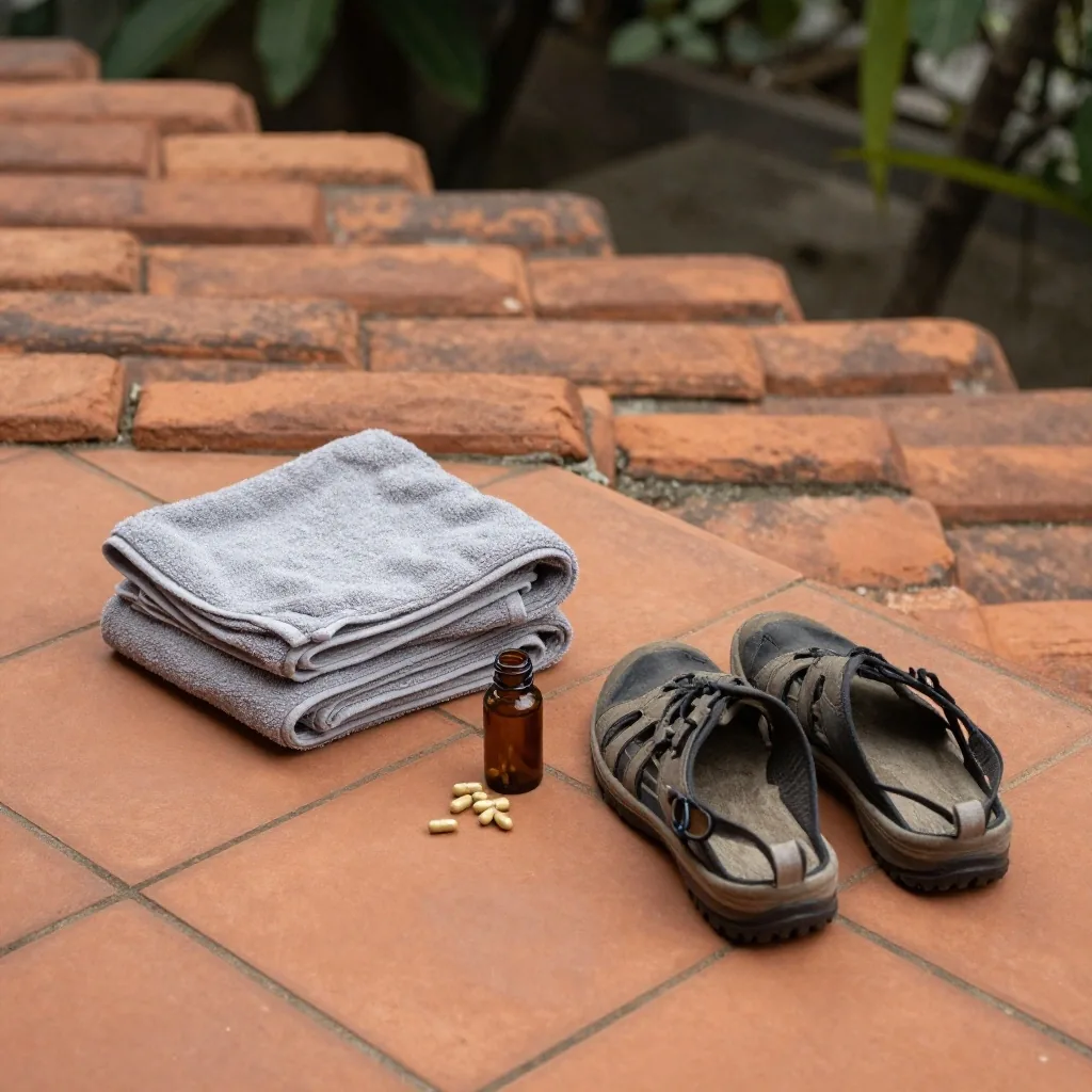 Capsules spilled from an amber bottle onto a grey slab next to a folded towel and walking shoes at the edge of the frame