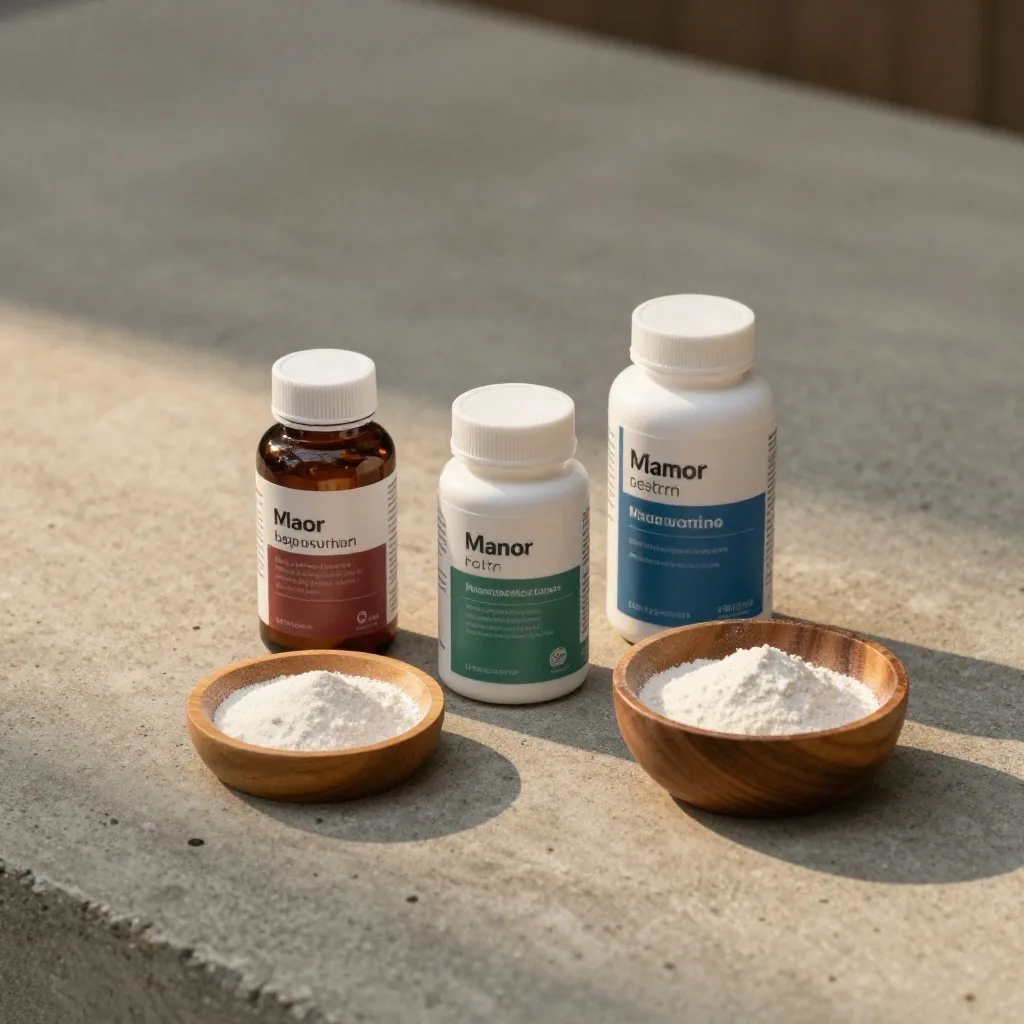Three matte supplement bottles of different heights on a concrete slab with a small bowl of powder in front