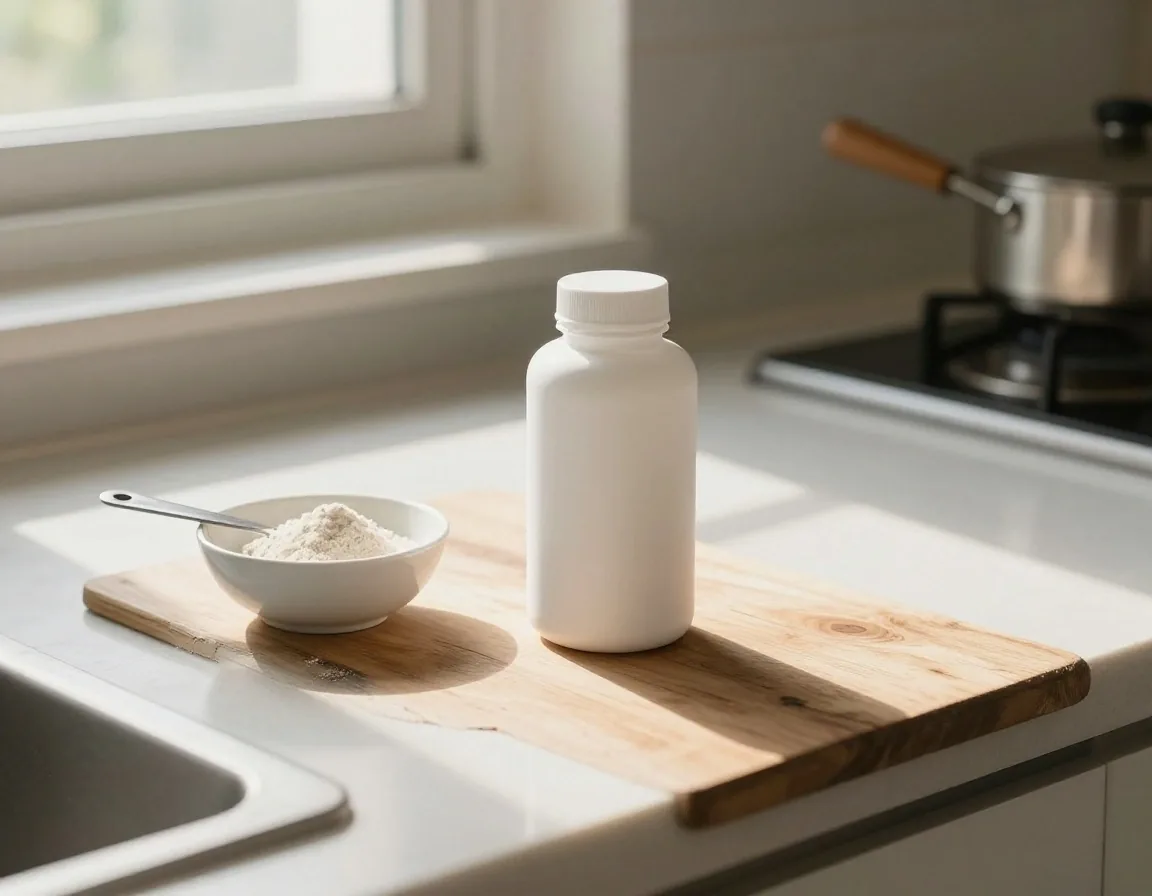 A hand holding a white supplement bottle beside capsules and a measuring spoon on a wooden workbench