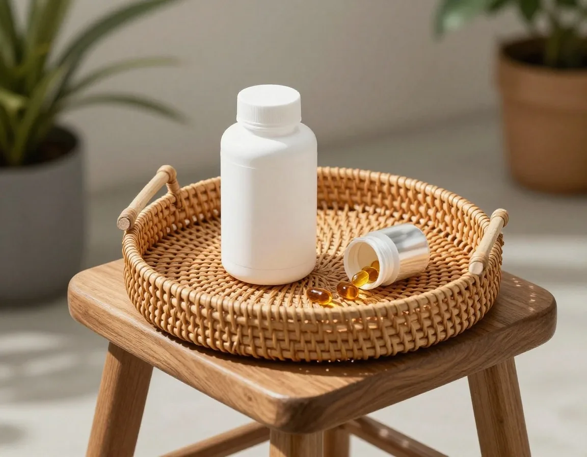 A white supplement bottle with amber capsules spilled on matte concrete, warm side light