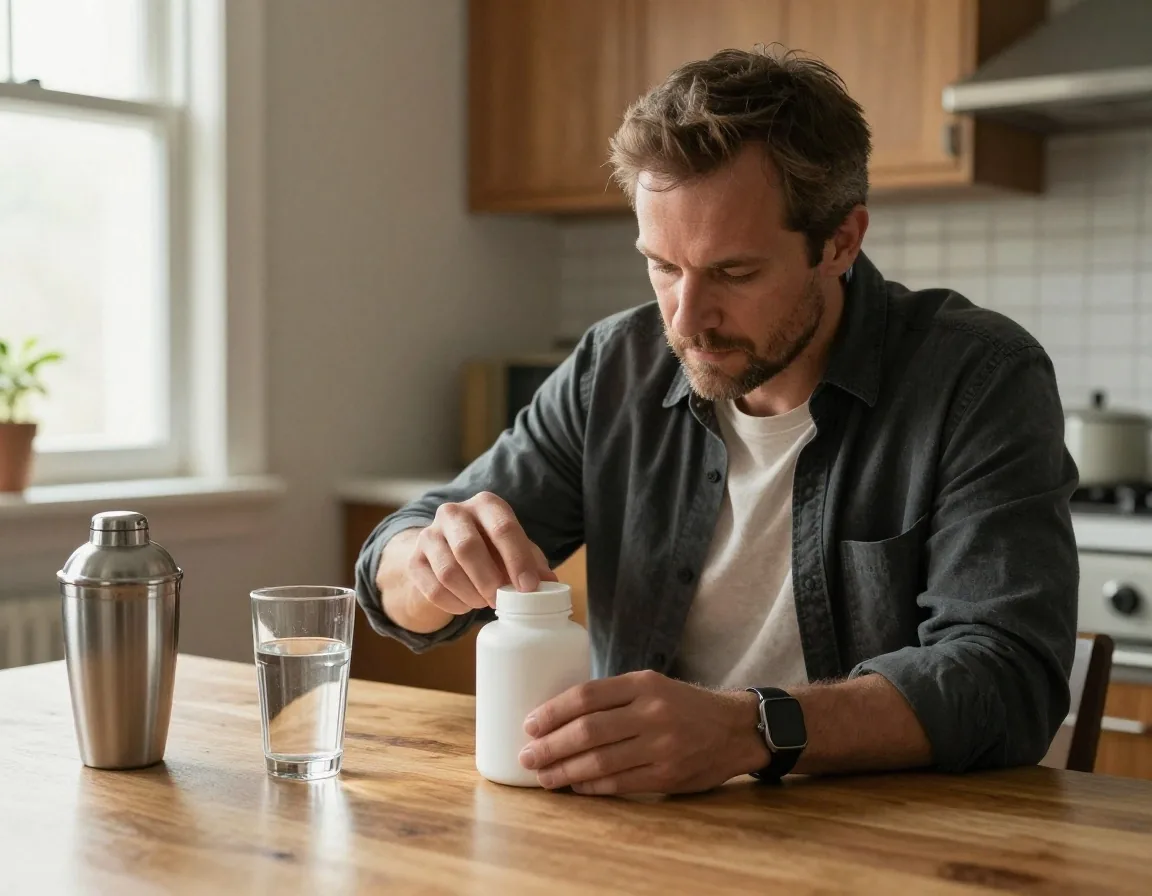 A man in his forties opening a supplement bottle at a wooden kitchen workbench in warm afternoon light