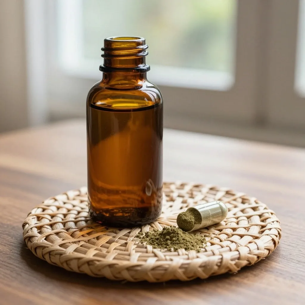 Amber bottle of plant capsules on a slab with an opened capsule of powder and a temulawak cross-section behind