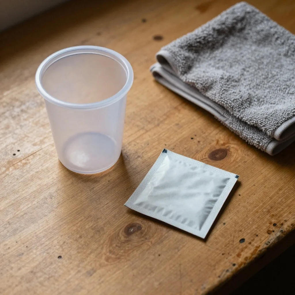 Electrolyte sachets and a shaker bottle laid on a wooden workbench with a folded towel at the edge