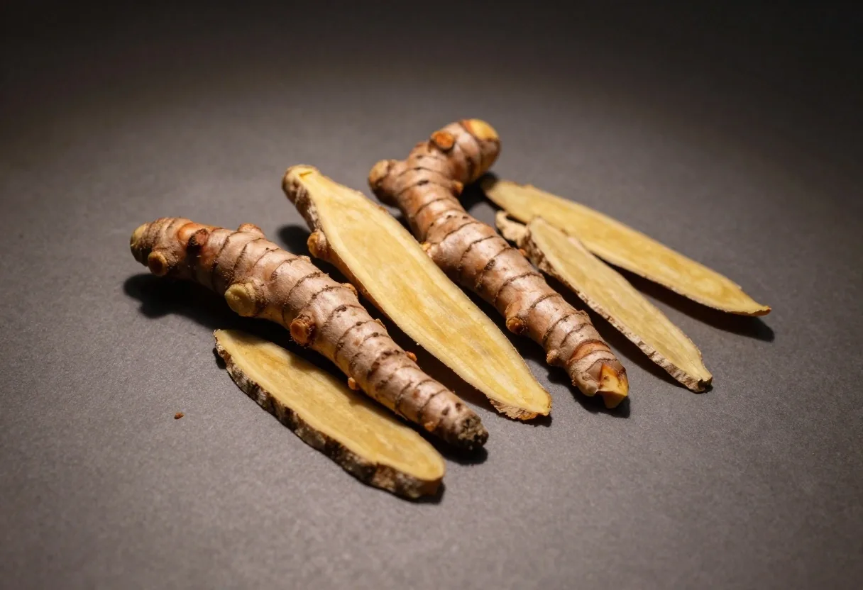 Halved temulawak root, fresh turmeric fingers and dried ginger arranged on a matte grey slab under warm side light