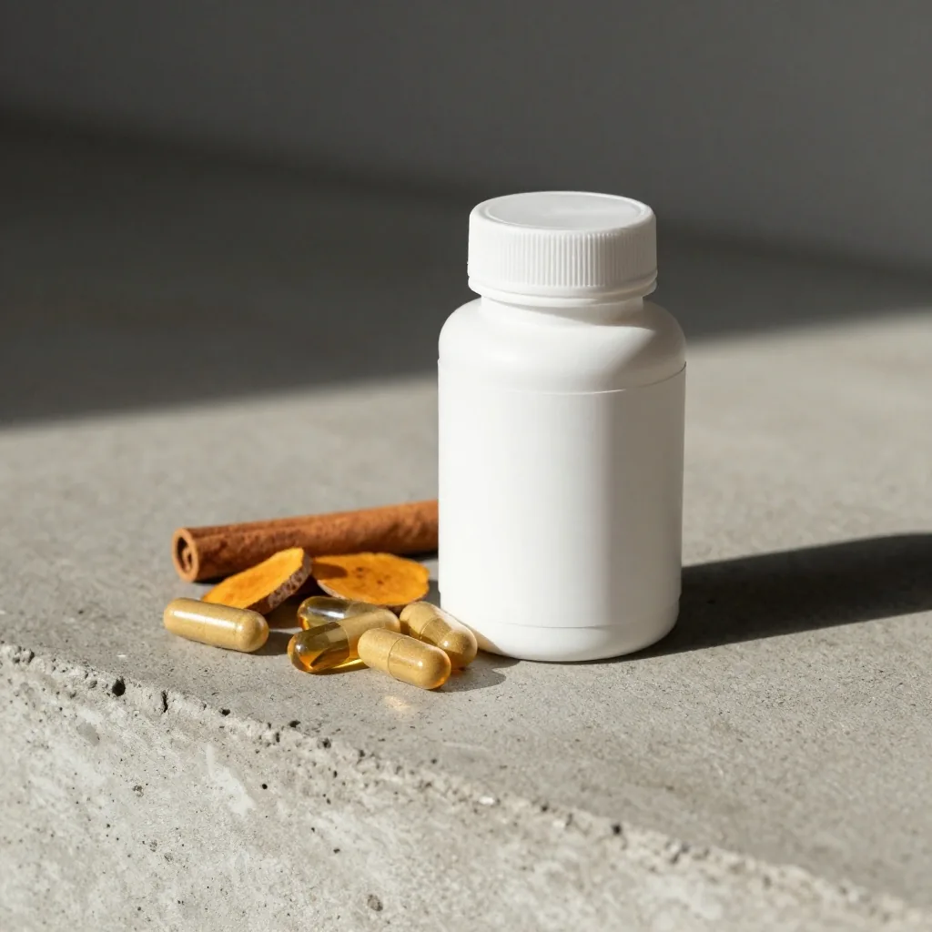 Matte-white multivitamin bottle beside loose capsules with turmeric slices and cinnamon behind on a grey slab