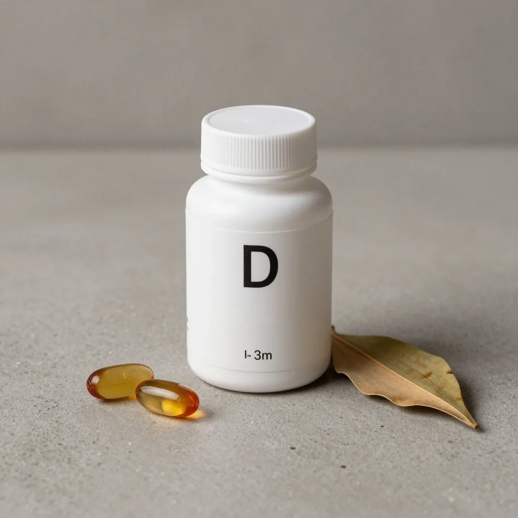 Vitamin D softgel bottle on a concrete surface with two softgels and a dried pandan leaf beside it