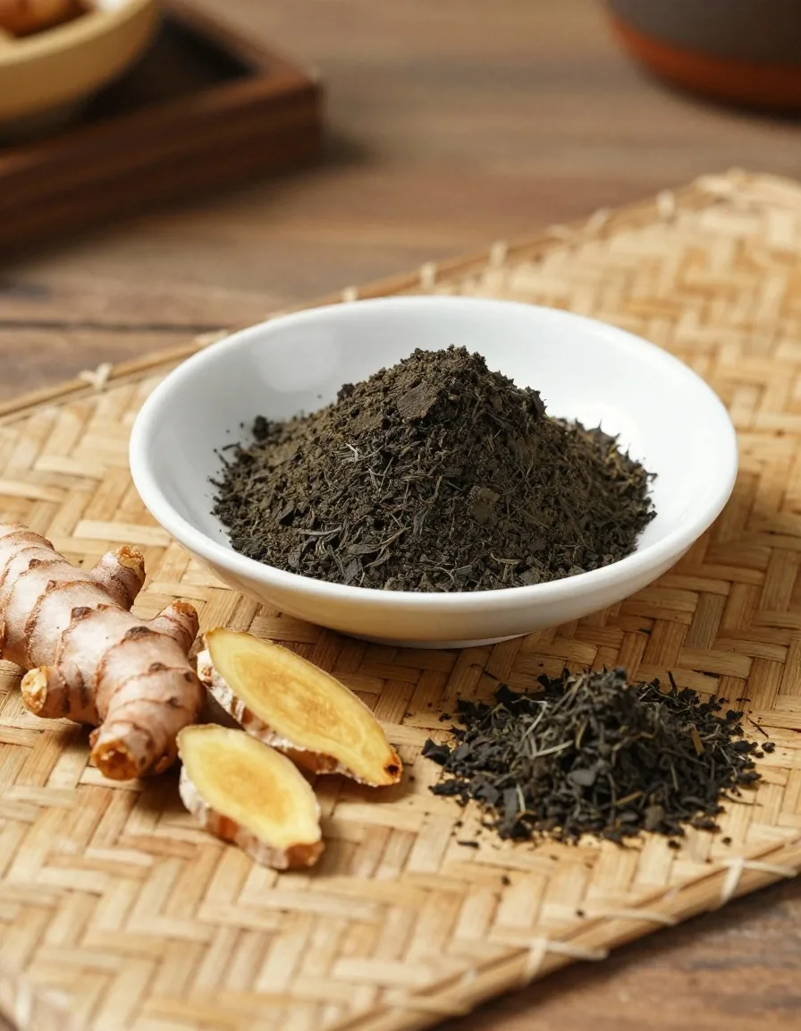 Dried herbal extract powder beside fresh turmeric, dried ginger and fingerroot on a matte grey slab, warm side light