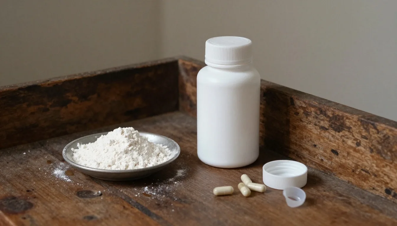 Hands opening a matte-white supplement bottle on a wooden workbench, dish of powder beside it, warm window light