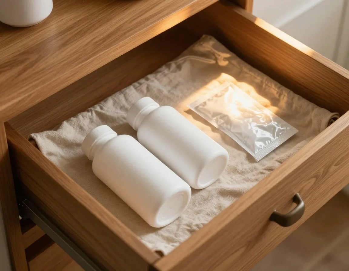 Two closed matte-white supplement bottles resting in a lined wooden drawer, warm light from the upper-left