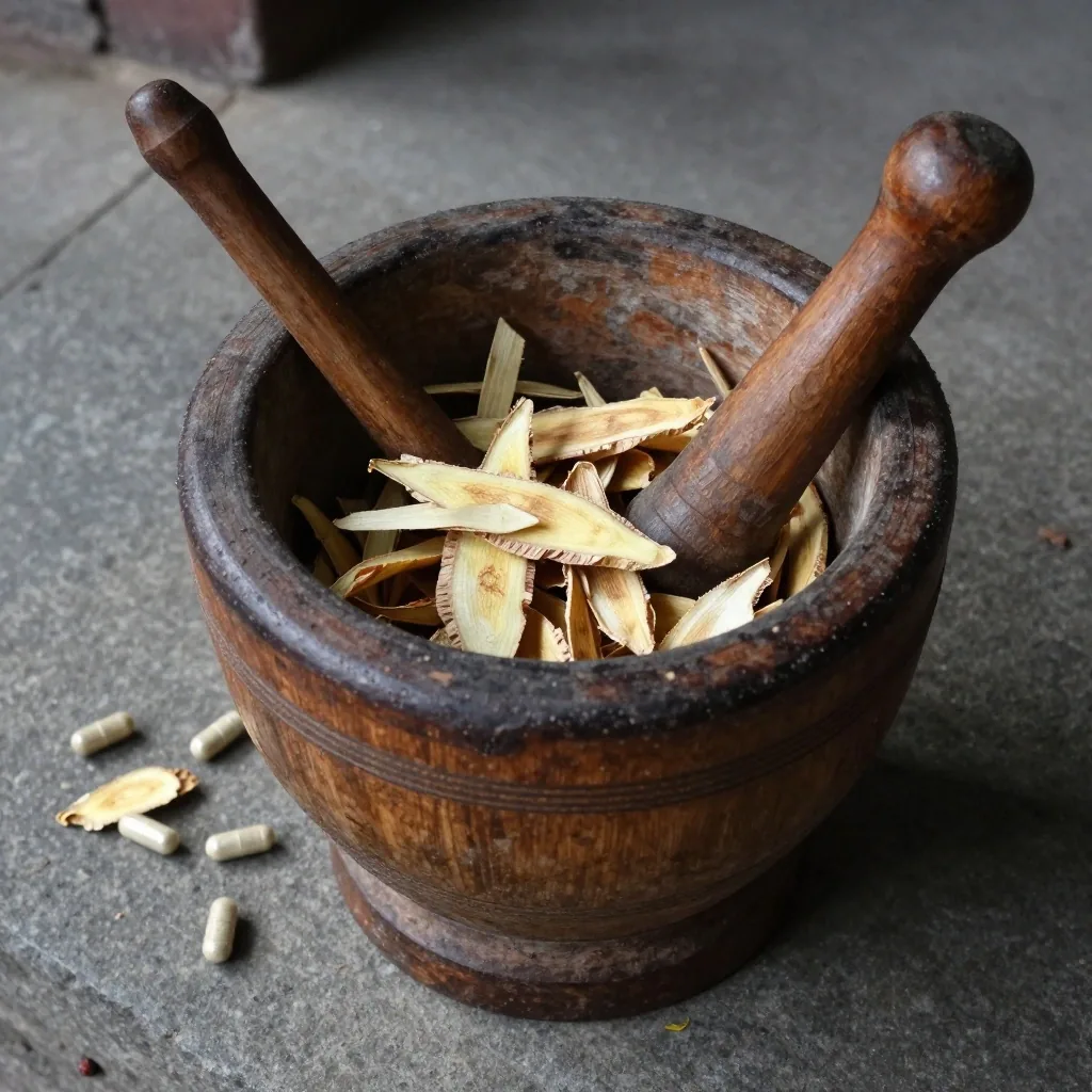 Halved temulawak root and turmeric fingers on a grey slab beside herbal capsules