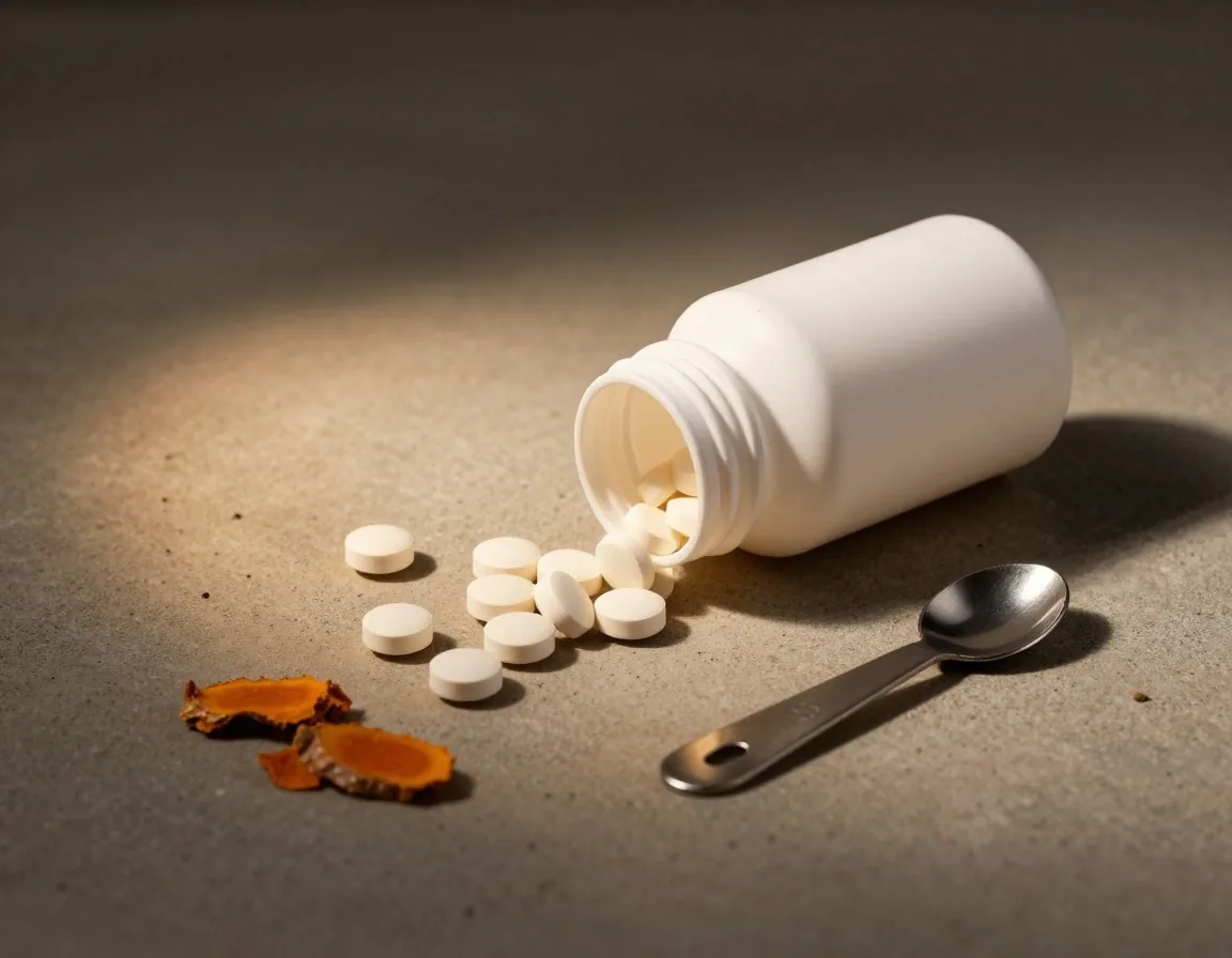 Matte-white multivitamin bottle on its side with tablets and a measuring spoon on a concrete slab