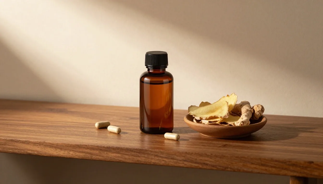 Supplement bottle on a grey slab with capsules and dried Indonesian botanicals, lit by a single warm side light