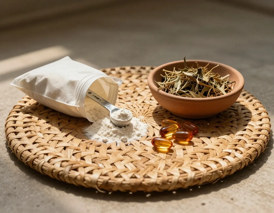 A supplement pouch opened on a wooden workbench with a measuring spoon of powder and a few capsules beside it