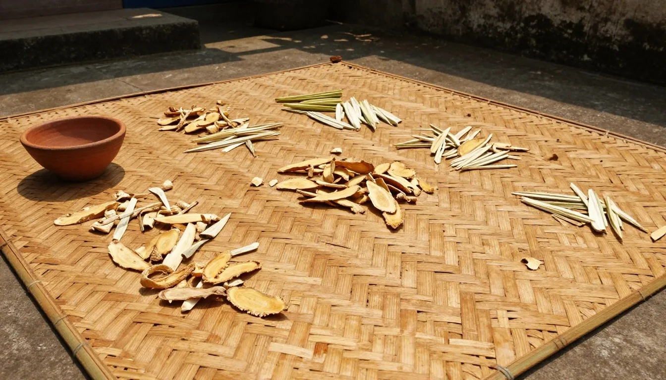Halved temulawak root, fresh turmeric fingers and dried ginger slices on a matte grey slab under warm side light